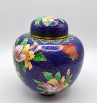 Vtg Cloisonne Ginger Jar w/Lid Vase Deep Blue Floral Butterfly  Scroll 5... - $46.71