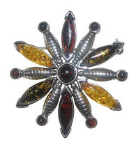 Sterling Silver &amp; Multicolored Baltic Amber Floral Snowflake Pin Brooch (OB17) - £39.49 GBP