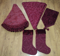 5pc Burgundy Jacquard Christmas Tree Skirt &amp; Stockings W/ Table Cloth &amp; ... - £54.66 GBP