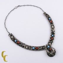 Signé H Argent Sterling Panneau Collier W/Turquoise &amp; Corail Pierres - $330.55