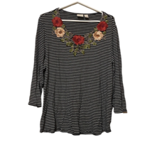 Chicos Tunic Top Women&#39;s 3 (XL) Black Striped 3/4 Sleeve Stretch Embroidered - £14.69 GBP