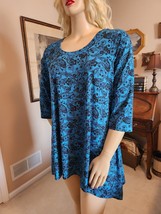 Woman Within Sz 18-20 Turquoise &amp; Black Paisley Tunic Top Slinky Knit Sharkbite - £12.65 GBP