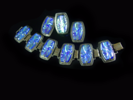 Vintage Glass Bracelet earrings &amp; Ring molded irridescent blue bookchain PARURE  - £139.71 GBP