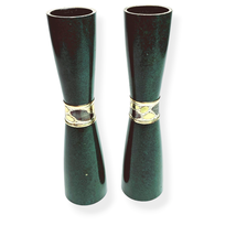 Green Enamel Bud Vases 2 Piece Set Metal Accents 9 Inch Marble Tone Vintage - £44.63 GBP