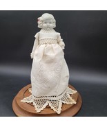 Antique White Bisque Porcelain Doll Figurine In White Lattice Dress &amp; Re... - $33.77 CAD
