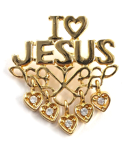 I Love Jesus Heart Gold Tone Dangle Rhinestone Hearts Pin Christian Reli... - $12.99