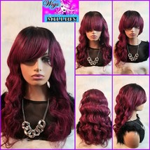 Virgin Hair Riyah&quot; 99j Burgundy Brazilian 100% Virgin Hair  Wavy Wig With Bangs  - £114.81 GBP
