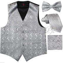 Silver Paisley Tuxedo Vest Waistcoat Butterfly Design Bowtie Neck Tie Hanky - £24.10 GBP+