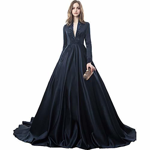 Custom Made Vintage Long Sleeves Beaded V Neck Evening Gown Prom Dress Dark Navy
