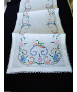 VTG White Cotton linen Table runner Floral Embroidery crochet 14.5&quot; x 38.5&quot; - £35.30 GBP