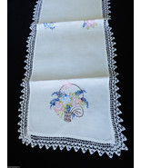 VTG White Cotton linen Table runner Floral Basket Embroidery crochet 13&quot;... - £35.30 GBP