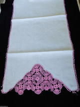 VTG white cotton linen Table runner pink  crochet lace 16&quot; x 38&quot; - $24.75