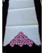 VTG white cotton linen Table runner pink  crochet lace 16&quot; x 38&quot; - £19.75 GBP