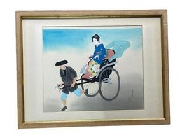 Japanese Geisha Riding In Rickshaw Carriage Original Painting On Silk - £96.70 GBP