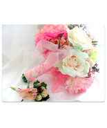 Silk bridal bouquet, pink peonies and blush pink roses, and boutonniere - $99.00