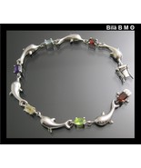Vintage STERLING SILVER DOLPHIN BRACELET with Multi Gemstones - 7 1/2 inches - $65.00