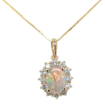 14k Yellow Gold .59ct Australian Genuine Opal Pendant w/ Diamond Halo (#... - $1,311.75