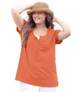 Women&#39;s Plus Size Henley T Shirt in Melon Coral - Short Sleeves  - £12.98 GBP