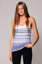 Sam Edelman Womens White Blue Geometric Embroidered Sleeveless Racer Tan... - $10.00