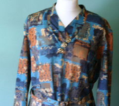 Long Autumn Vintage Dress, Turquoise, orange colors, belt, long sleeves, warm dr - £19.75 GBP