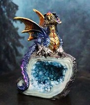 Metallic Blue Iridescent Wyrmling Dragon On Faux Geode Crystal Rock Figurine - £14.37 GBP