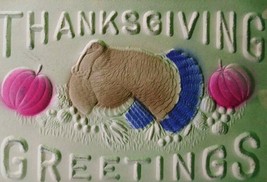 Thanksgiving Postcard Big Letters Turkey Pumpkins Airbrushed Embossed Vintage - £4.42 GBP