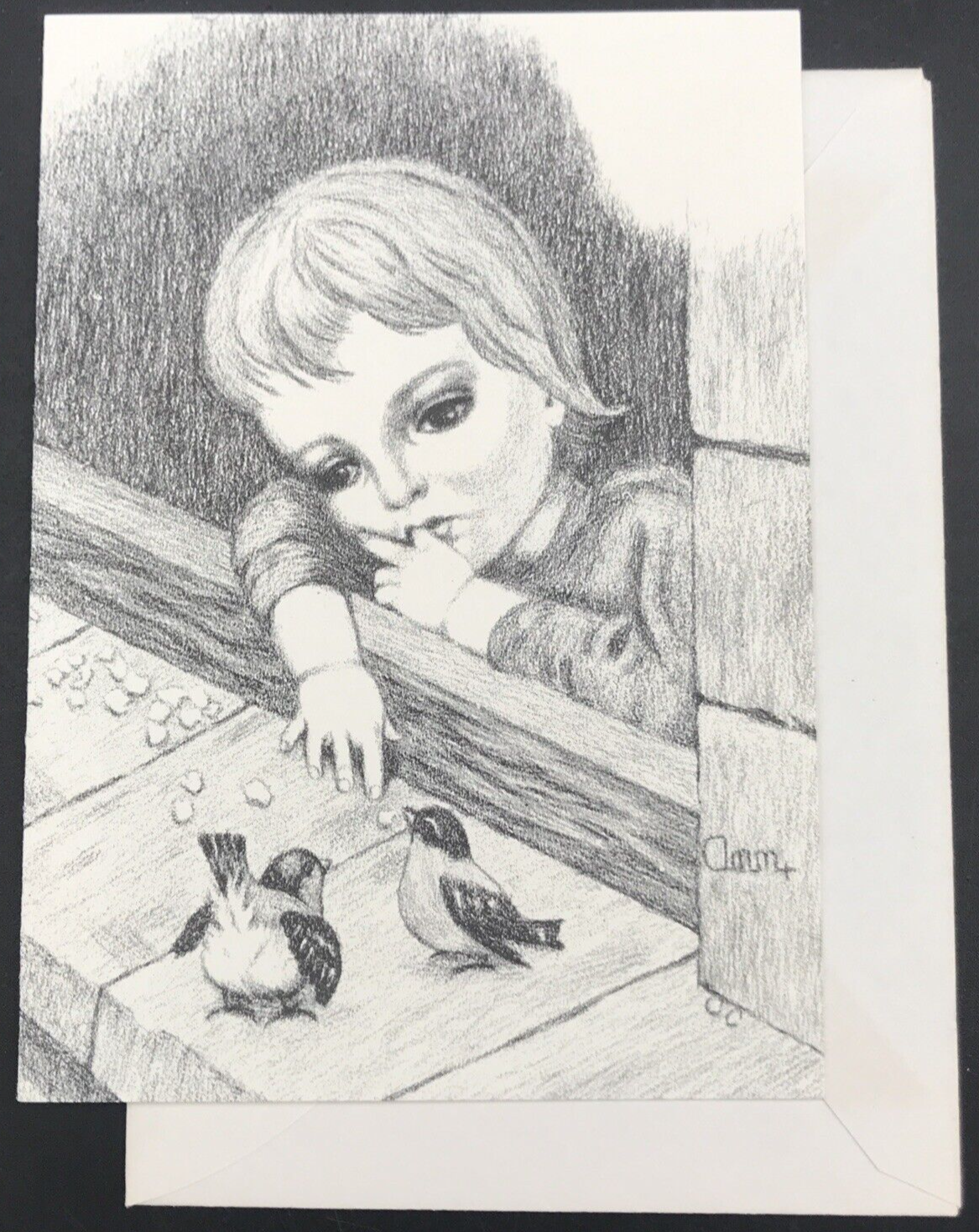Primary image for 1973 Ann Adams Sad Child Feeding Birds Greeting Note Card Pencil Drawing Print