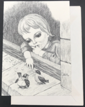 1973 Ann Adams Sad Child Feeding Birds Greeting Note Card Pencil Drawing... - £6.09 GBP