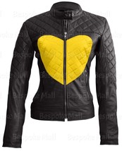 New Woman&#39;s Love Black and Yellow Heart Quilted Cowhide Biker Leather Ja... - $158.09+