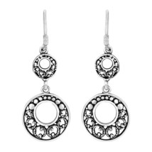 Duo Circles Vintage Inspired Swirls .925 Sterling Silver Dangle Earrings - £12.69 GBP