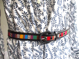 Authentic Guatemala Black Leather Colorblock Fabric Belt size 34&quot; Handmade - £14.85 GBP