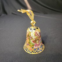 Enamel Floral Cloisonné Bell Christmas Ornament 4&quot;Brass Pink Purple Blue Under - £15.78 GBP