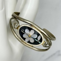 Vintage Alpaca Silver Tone Mother of Pearl Flower Inlay Cuff Bracelet - £19.32 GBP
