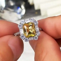 3.60Ct Emerald Cut Yellow Citrine Halo Engagement Ring In 14K White Gold Finish - £84.72 GBP