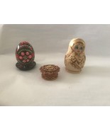 Lot Russian; 4 pc Nesting Matryoshka Dolls Gold Burned Wood, Birch Box, Egg - $620.97 MXN
