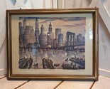 Vintage MCM Print Brooklyn Bridge &amp; Lower Manhatten JM Gallais 1964 Framed - $44.54