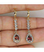 2.00 Ct Pear Cut Red Ruby &amp; Diamond Drop/Dangle Earrings 14k Yellow Gold... - £75.13 GBP
