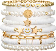 Preppy Heishi Bracelets Set Colorful White Gold Smile Heart Star Evil Eye Beaded - £14.85 GBP