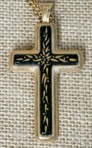 Vintage Sarah Coventry Golden And Black Cross Necklace Gothic Dark Cottagecore - £11.68 GBP