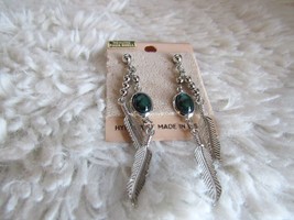 Genuine Paua Shell Silver-Toned, Green Center, Feather, and Beaded Earrings - £10.19 GBP