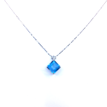 Women&#39;s Bead Necklace 18k White Gold Natural Square Blue Topaz Princess Diamond - £603.65 GBP