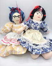 2 Old Fashion Lady Dolls Fabric Cloth  Embroidered Face Frilly Dress with Apron - $34.99