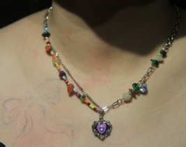 Colorful natural stone necklace,Colorful diamond heart pendant necklace - £17.83 GBP
