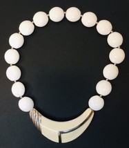 Vintage Signed Trifari Cream Enamel Statement Necklace Flat White Beads Choker - £17.29 GBP