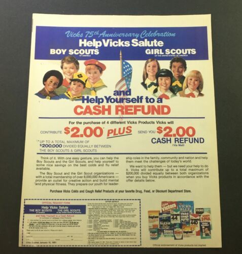 VTG 1981 Vicks Cold &amp; Relief Cough Products Salute Boy &amp; Girl Scouts Ad ... - $18.95