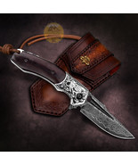 DAMASCUS STEEL POCKET FOLDING BUSHCRAFT KNIFE WOOD HANDLE WITH LEATHER S... - £100.57 GBP