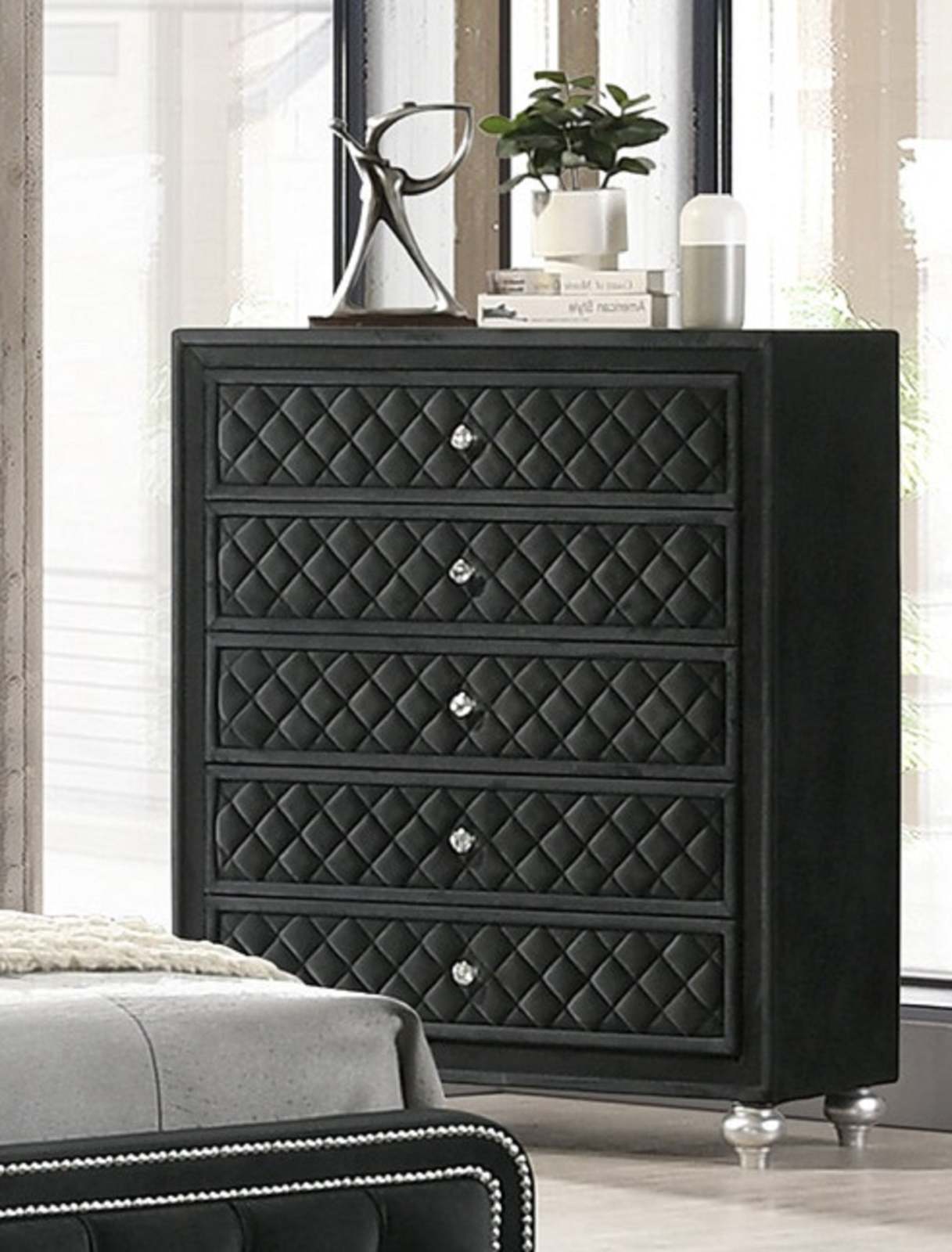 Black Traditional Glam 5-Drawer Chest, Velvet & Crystal Knobs Item image 2