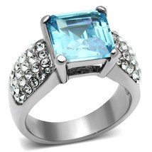 12mm Cushion Cut Sea Blue Crystal Wide Dome Band Stainless Steel Cocktail Ring - £61.25 GBP