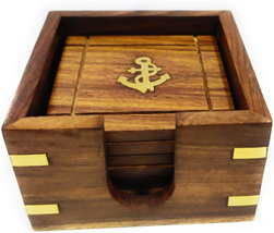 Nautical Wooden Anchor Coasters with Rosewood Holder (Set of 6), 3&quot; - £68.83 GBP