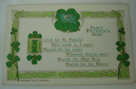 1911 St Patricks Day Postcard Embossed H.M. Rose Shamrocks Hurrah for St Patrick - £3.85 GBP